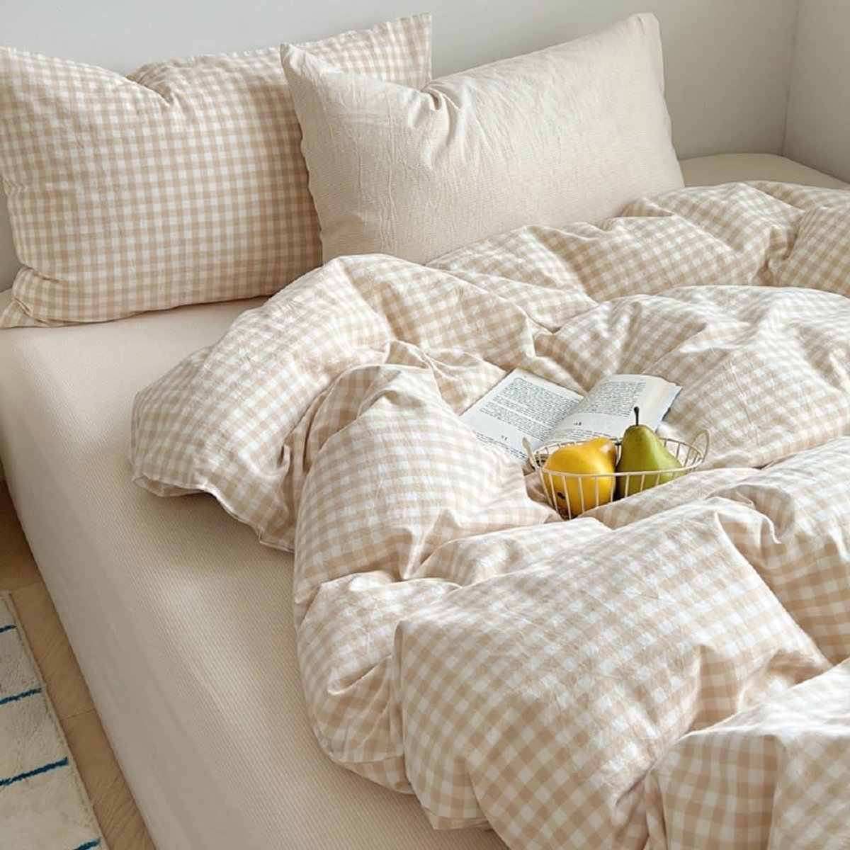 SnelShoppen - Beddengoed 135 x 200 cm, Omkeerbaar Beige Geruit Geometrisch Dekbedovertrek met Ritssluiting en Kussensloop 80 x 80 cm, Öko-Tex Kwalitei