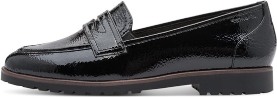 Zwarte Tamaris lakleren loafer met banddetail op de wreef en een dikke zool.