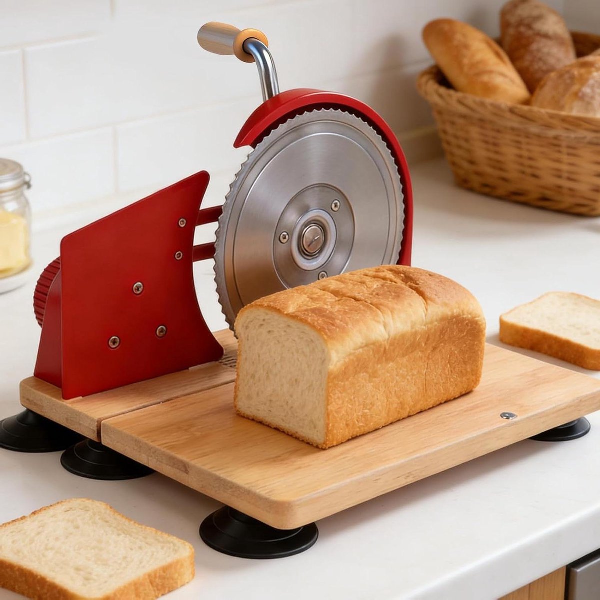 Broodsnijder Handmatig - Broodsnijmachine Keuken - Perfecte Plakjes Snijden - Verstelbare Dikte - Compact Ontwerp - Rood