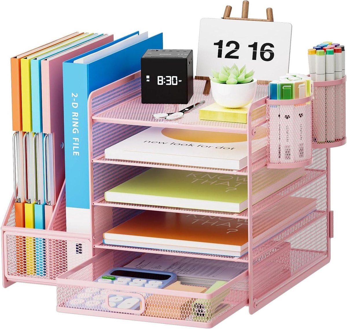 SnelShoppen - Marbrasse Bureau-organizer Roze - 5 Niveaus, Papieren Brievenbak met Lade, 2 Pennenhouders en Opbergvakken voor Kantoorbenodigdheden