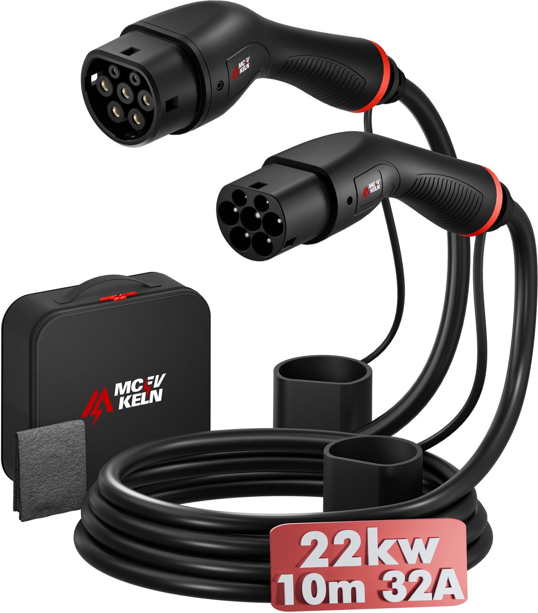 SnelShoppen - Type 2 Oplaadkabel voor Auto - Elektrisch en Hybride - 22 kW Driefasig - 32 A - 10 m - Type 2 naar Type 2 EV-kabel - Compatibel met e-20