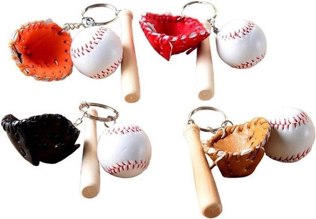 Sleutelhanger houten honkbalknuppel handschoen PU lederen hanger - set van 4