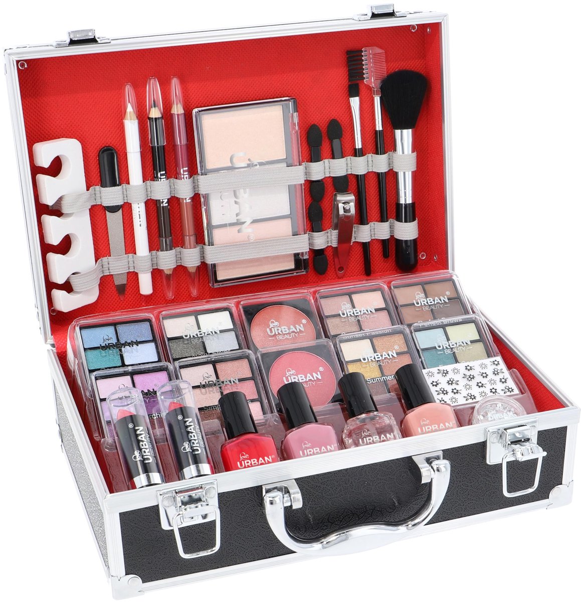 SnelShoppen - Veganistische Divine Beauty Franse Manicure Make-Updoos - 76-delige Make-Upset voor Oogschaduw, Lippenstift, Blush, Penselen en Manicure