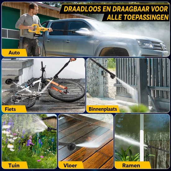 68 Bar Draadloz Hogedrukreiniger - Accu Hogedrukreiniger - met Verlengstang - 240 l/h - 5m Waterslang - 400 W - 2×4000 mAh — afbeelding 4