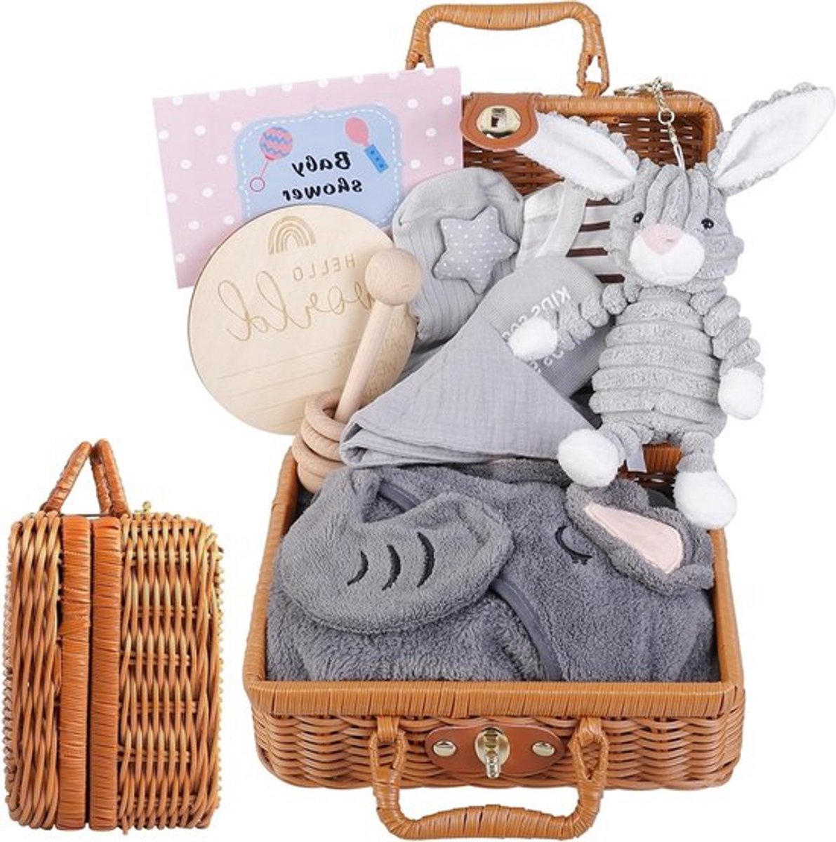 Complete Baby Cadeauset: 9-in-1 Geschenk voor Geboorte en Babyshower met Kleding, Knuffels, Doeken en Speelgoed
