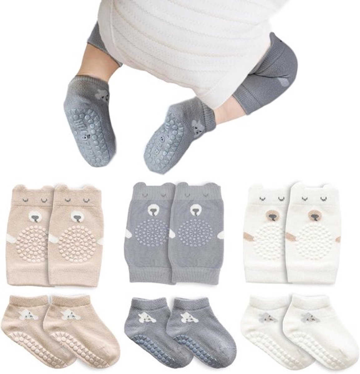 Kniebeschermers en kruipsokken baby 3 paar antislip rubberen stippen wit 0-6 maanden