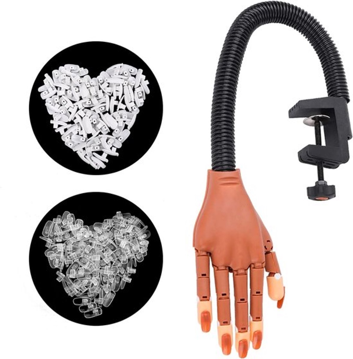 Flexibele Oefenhand voor Nagelontwerp met 200 Transparante/Witte Nageltips, Professioneel Aanpasbaar Model voor Acryl Manicure en Nagelstyling