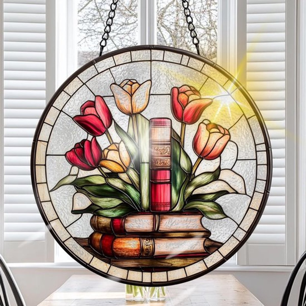 Handgemaakt Zonlicht Vangend Ornament van Gekleurd Glas voor Raamdecoratie, Rozenmotief met Haken voor Tuin en Thuis, Perfect als Cadeau voor Kerst en Verjaardag (20cm)