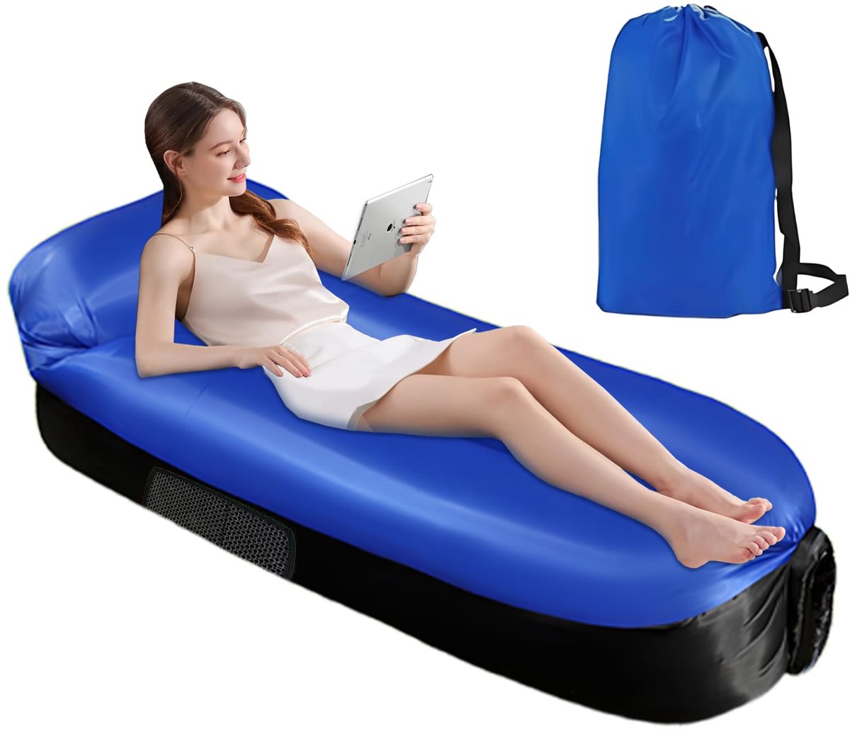 SnelShoppen - Opblaasbare Strandbank 230 x 70 cm, Outdoor Luchtbank met Kussen en Zijzakken, Ideaal voor Camping, Strand, Tuin - Blauw Zwart Oxford-st