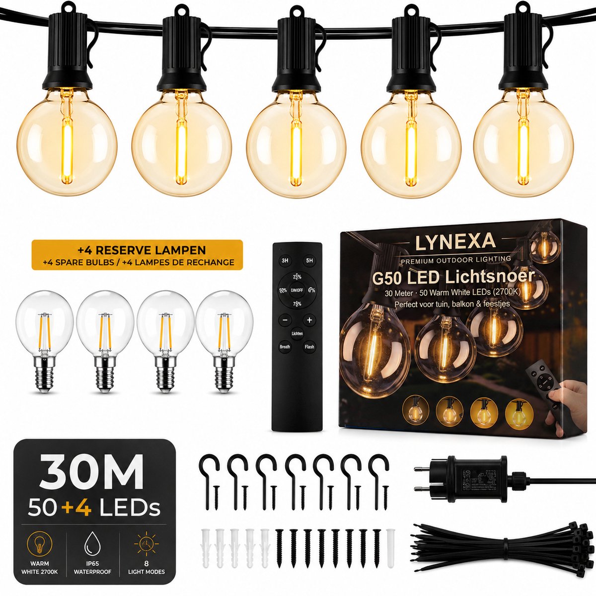 Lynexa® G50 - Lichtsnoer Buiten - 30m - 50 Grote Globe LED Lampen - Warm Wit 2700K - Tuinverlichting - IP44 Waterdicht - Koppelbaar - Dimbaar met Afstandsbediening - 3 Lichtmodi - Kerstverlichting voor Buiten - 4 Extra Lampjes