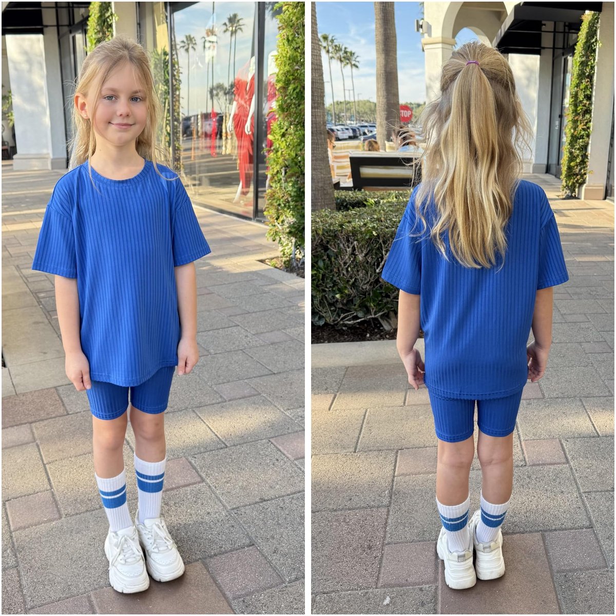 SnelShoppen - Meisjes Kledingset 2-delig Zomeroutfit T-shirt Korte Mouwen Geribbeld Shorts Vrijetijdskleding Rekbaar Ademend Kinderen 5-13 Jaar Royal