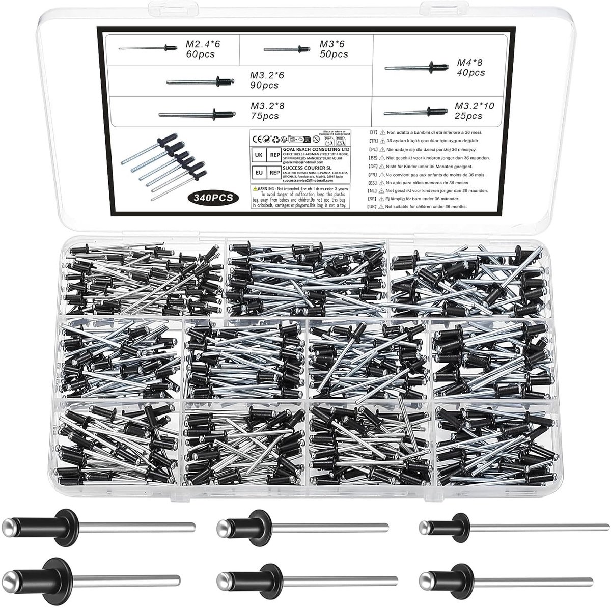 340-delige Aluminium Blind Rivet Set voor Metaal, Hout en Kunststof - Pop Rivets Assortiment met Diverse Maten en Kleuren