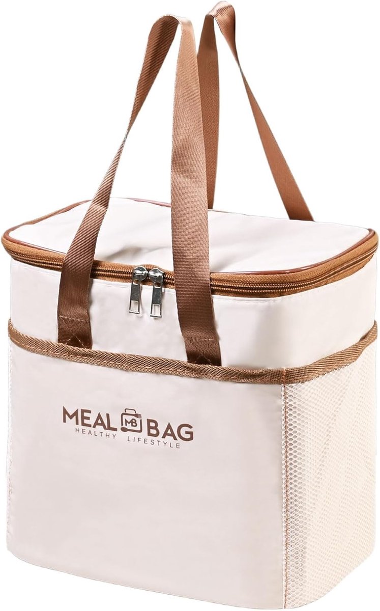 Herbruikbare Koeltas 8.5 L - Waterdichte Lunchtas voor Reizen, Kantoor en Studenten - Ideaal voor Kamperen en Picknicken, 24 x 23 x 16 cm, Beige