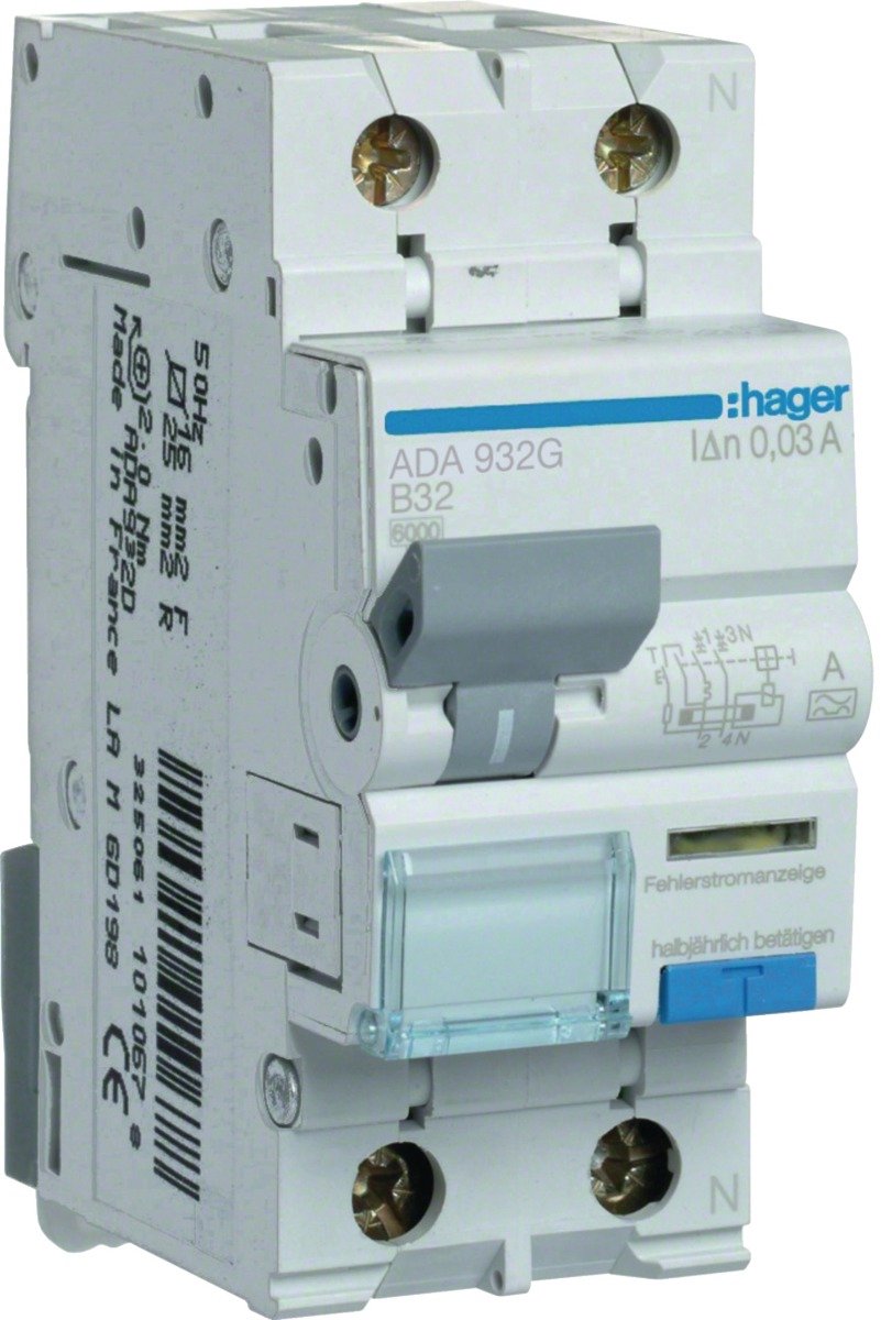 Hager aardlekautomaat B32 30mA 1P+N 6kA (ADA932G)