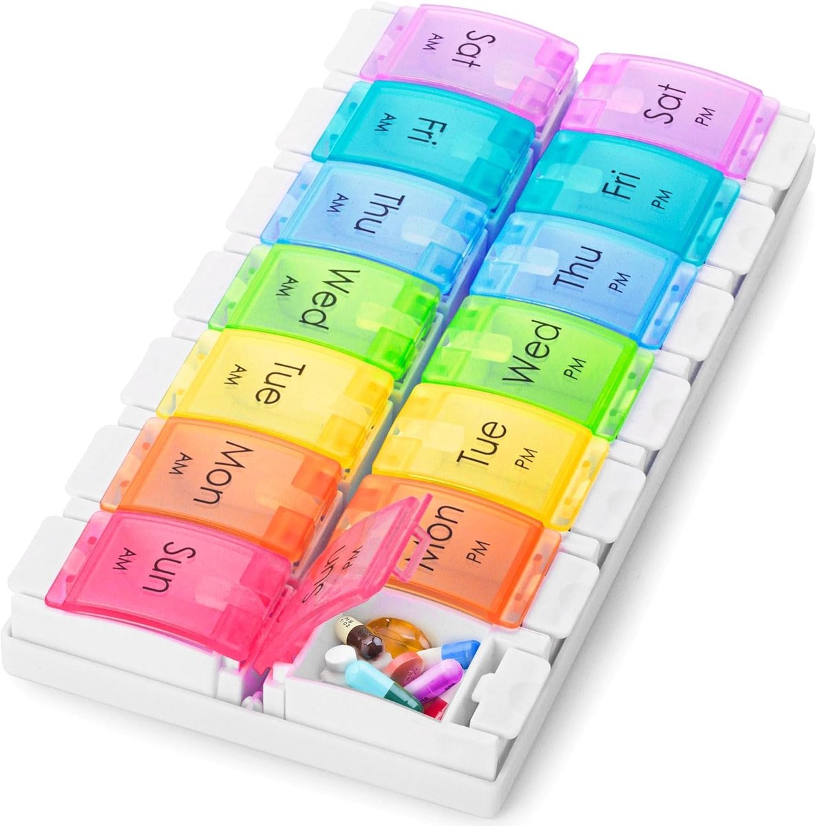 Medicijndoos met vakjes - 7-Daagse pillendoos - Pillendoosjes met 14 Compartimenten - Veerbelaste opening en uitneembaar compartiment - 22.8×11.5×2.7cm - Geschikt voor geneesmiddelen, vitaminen, visolie, voedingssupplementen, enz - Kleur