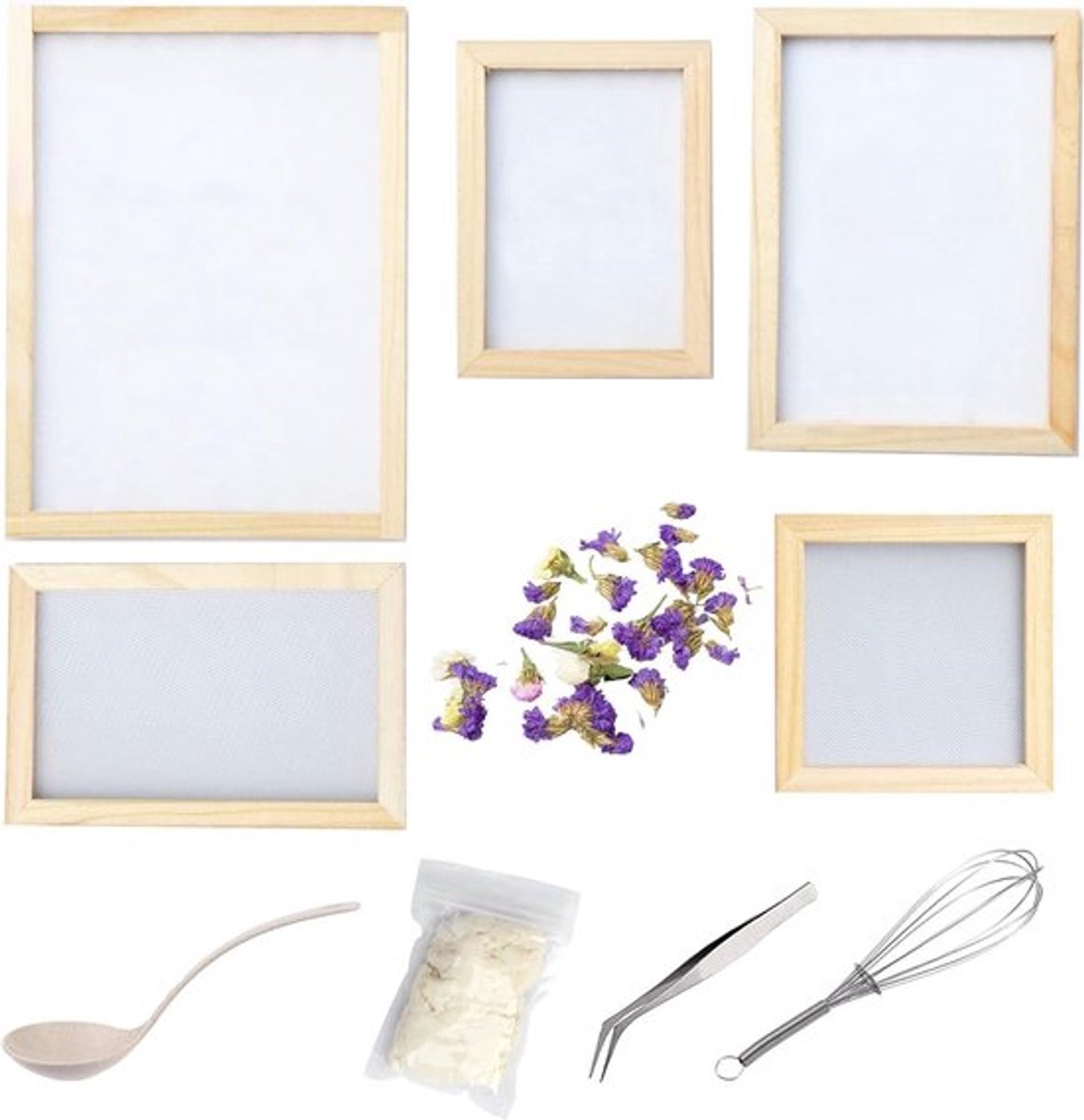 11-delige set voor het maken van papier met hout voor DIY gedroogde bloemen, knutselen en ambachten, inclusief menglepels en pincet