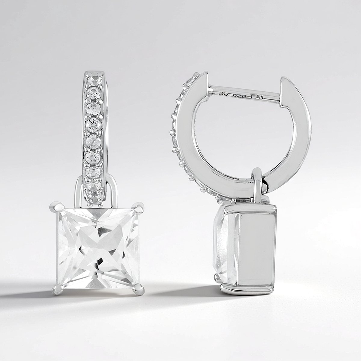 Cavill - Elegante Zilveren Oorbellen - 925 Sterling Zilver Geplatineerd - Witte Kwarts Princess 2,82 ct & Cambodjaanse Zirkonia 0,30 ct