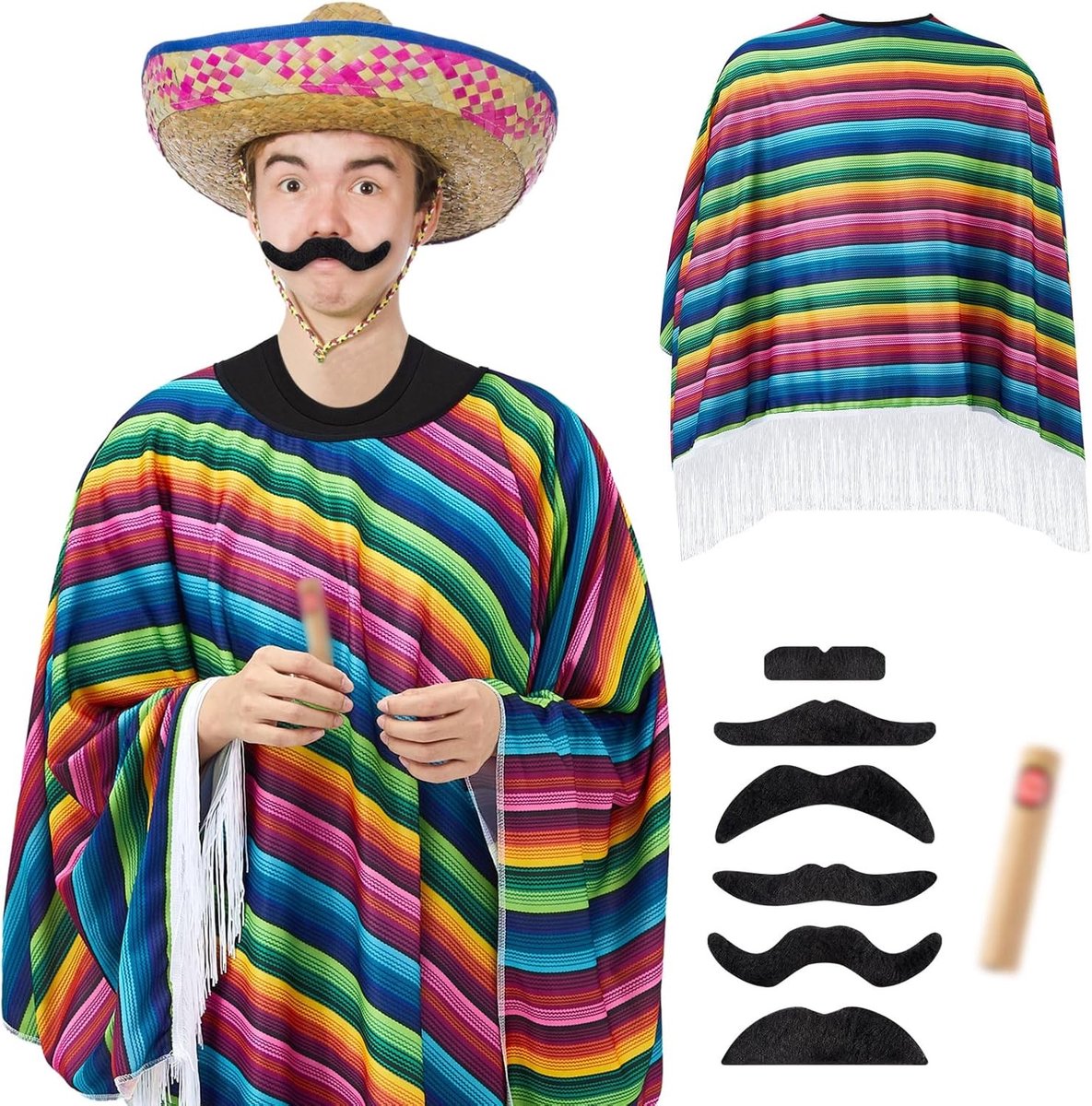 Carnaval Mexicaans Kostuum met Kleurrijke Festival Serape Poncho, Cowboy Snor en Neppijp voor Volwassenen, Unisex One Size