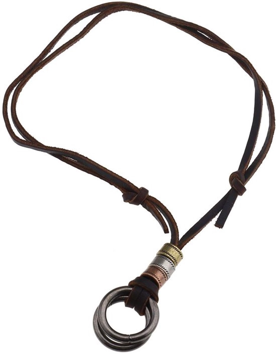 Hanger Ketting Verstelbaar - Dubbele Ring - Kunstleer - Legering - Bruin/Retro Zilver - Uniek Ontwerp