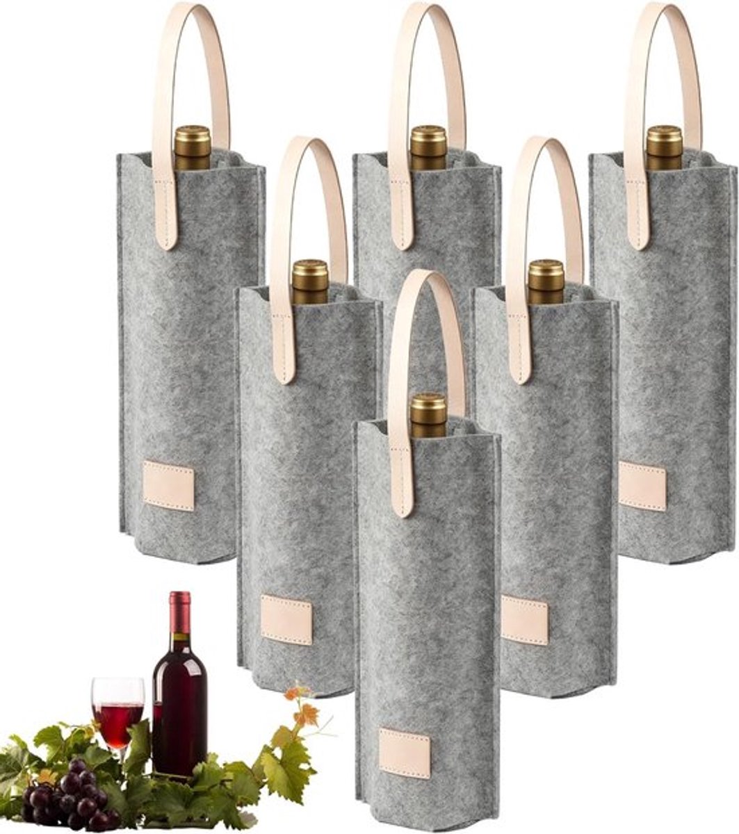Enkele herbruikbare grijze flessen tassen voor wijnflessen - Perfect voor feesten, picknicks en cadeauverpakkingen - Set van 6 stuks