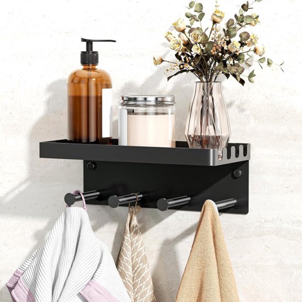 Decoratieve Muurplank van Metaal met 4 Sleutelhaken en Opbergruimte voor Sleutels en Accessoires
