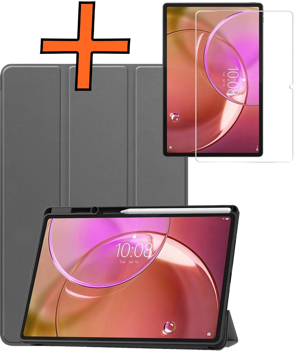 Hoesje - Geschikt voor Lenovo Idea Tab Pro Gen 2 - Met Screenprotector - Trifold Bookcase - Hard Cover Case - Met Uitsparing Geschikt voor Lenovo Pen - Hardcover Book - Tablet Hoes - Grijs