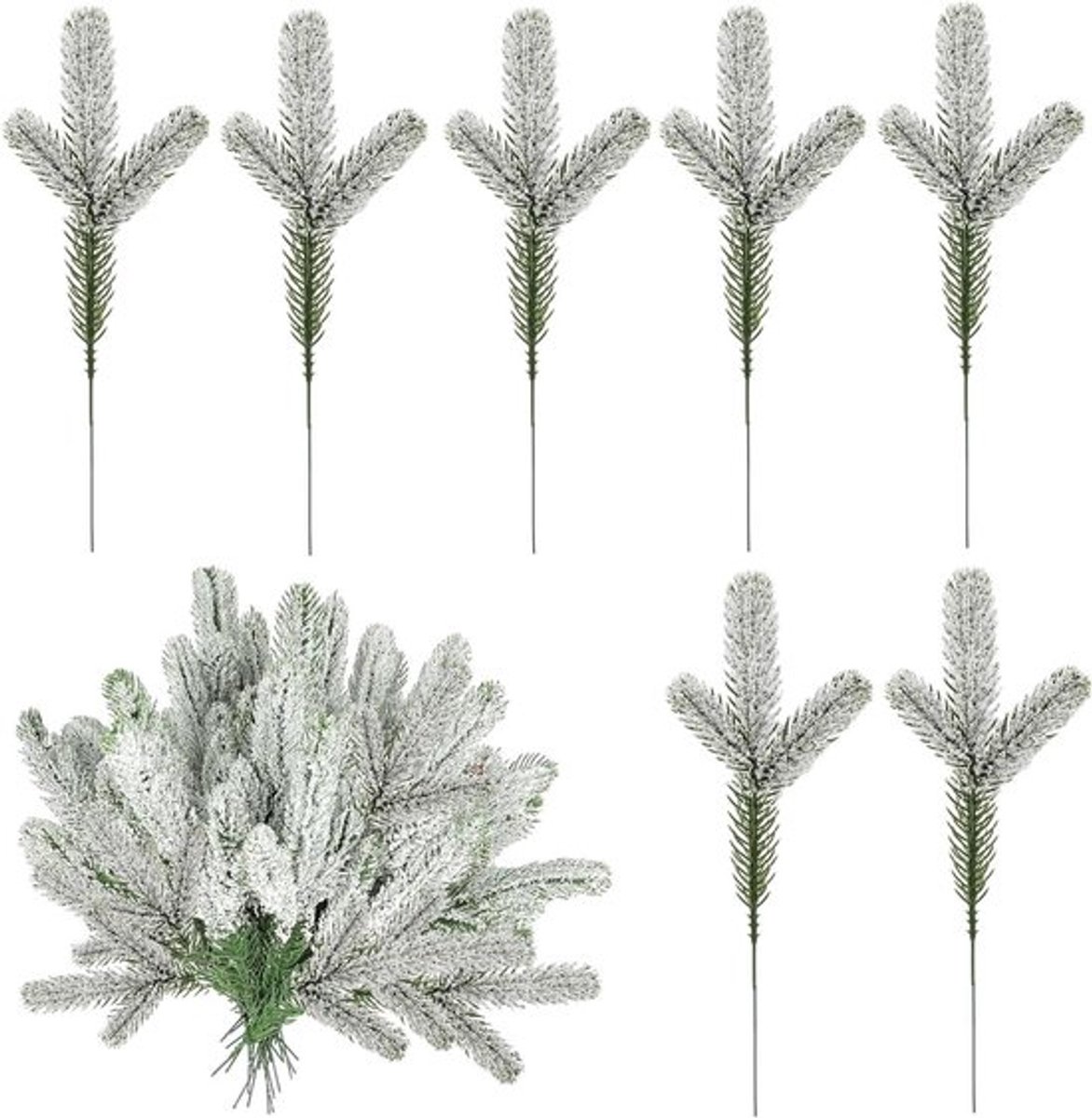 24 stuks kunstmatige dennentakken met sneeuwgematteerde afwerking voor kerstversiering en tuindecoratie - Groen - Decoratieve dennennaalden