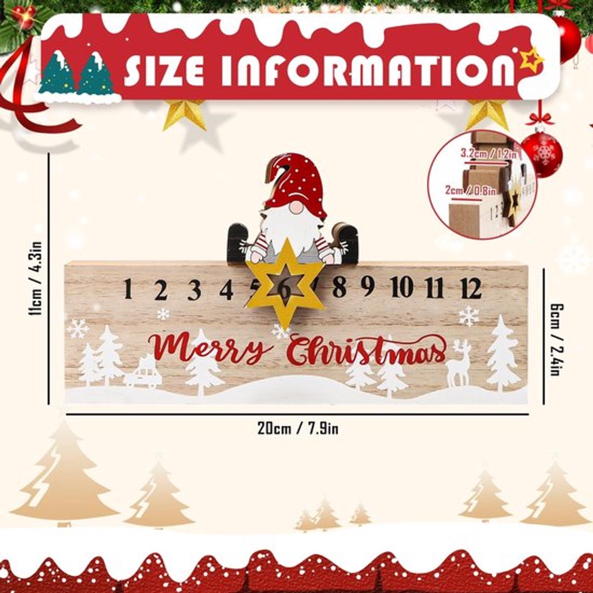 Adventskalender Houten Ornament - Kerst Aftelkalender - Sterrenmotief - Tijdmarker Accessoire - 20 cm x 6 cm x 2 cm - Vrolijk Kerst