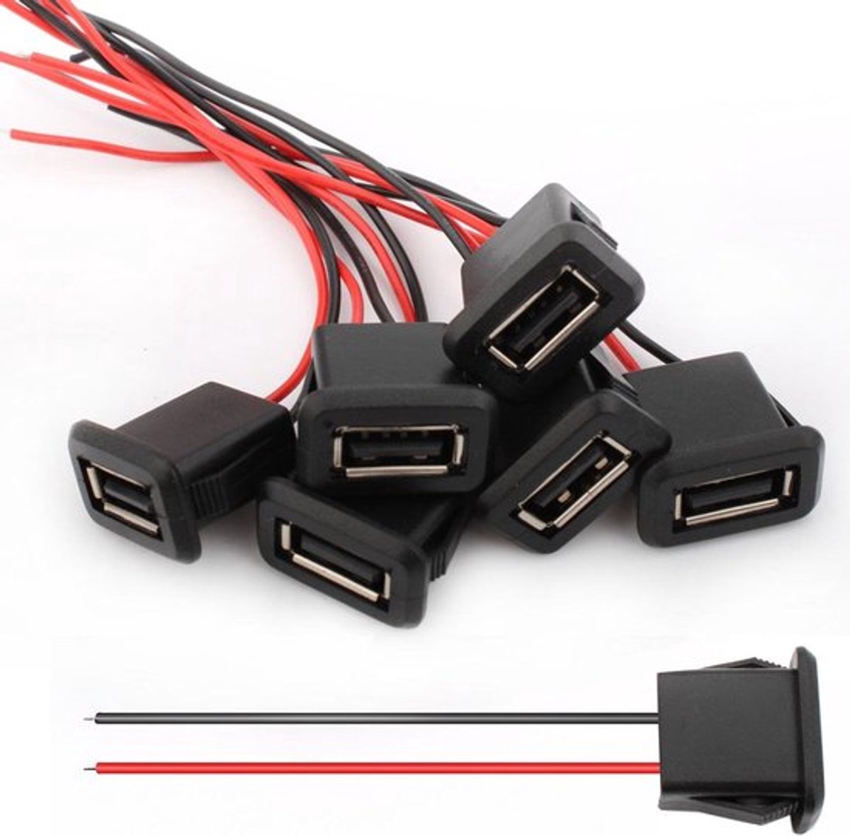 USB Aansluiting 6 stuks, 3A 2-polige A-stekker, Inbouwbus met klikgroefgesp, 22AWG Vrouwelijke kabel, Paneelmontage