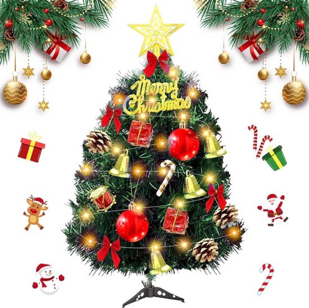 Mini-Kerstboom 30 cm - Kunstmatige Tafelkkerstboom - Met LED Verlichting - Perfect Voor Kerstmis - Decoratieve Dennenboom - Inclusief Orn...
