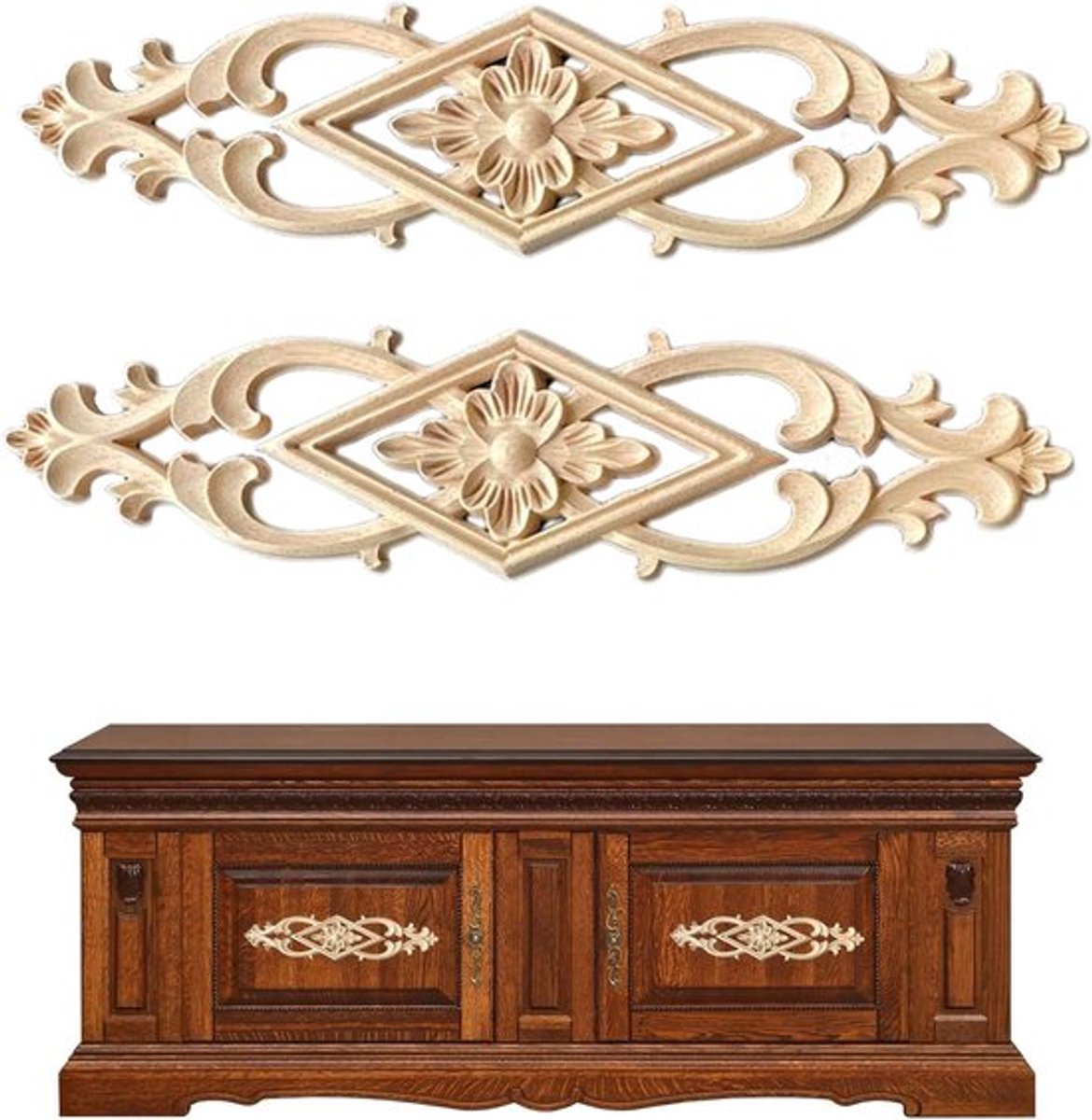 Houten ornamenten voor meubels en decoratie, wanddeco voor kasten en muren - Set van 2 (stijl 2)