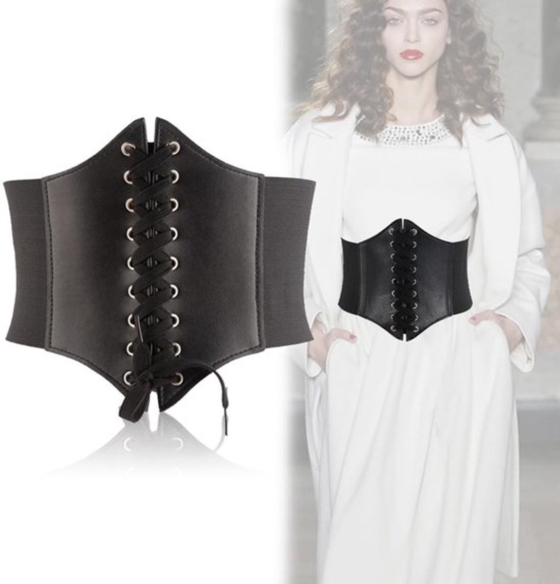 Korset van zwart leer - Retrostijl - Korset riem - Elastische band - Knoopsluiting - Hoogwaardig materiaal - Corset