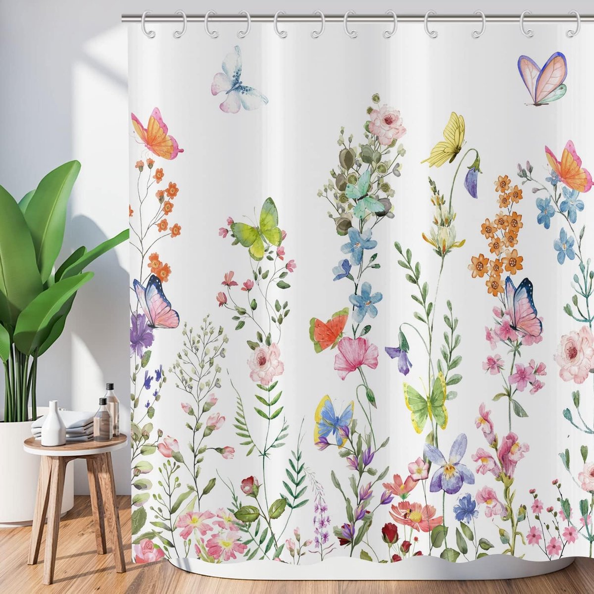 SnelShoppen - Bloemendouchegordijn 120 x 200 cm - Waterdicht Polyester - Kleurrijk Roze Blauw Paars met Bloemen en Vlinders - Wasbaar Badgordijn voor
