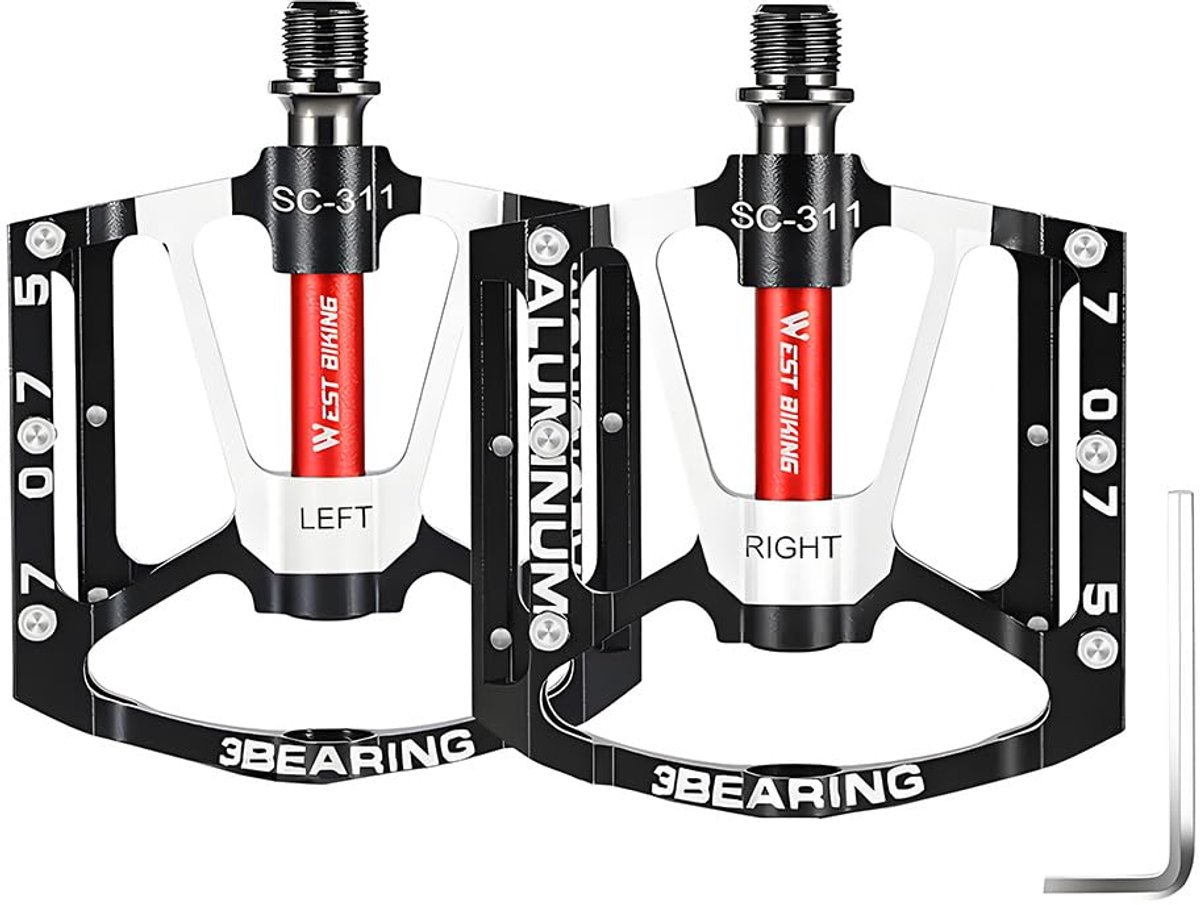 SnelShoppen - Mountainbikepedalen 3 lagers, lichtgewicht aluminium antislip fietspedaal 9/16 inch plat, zwart + rood, perfect voor BMX en MTB fietsen