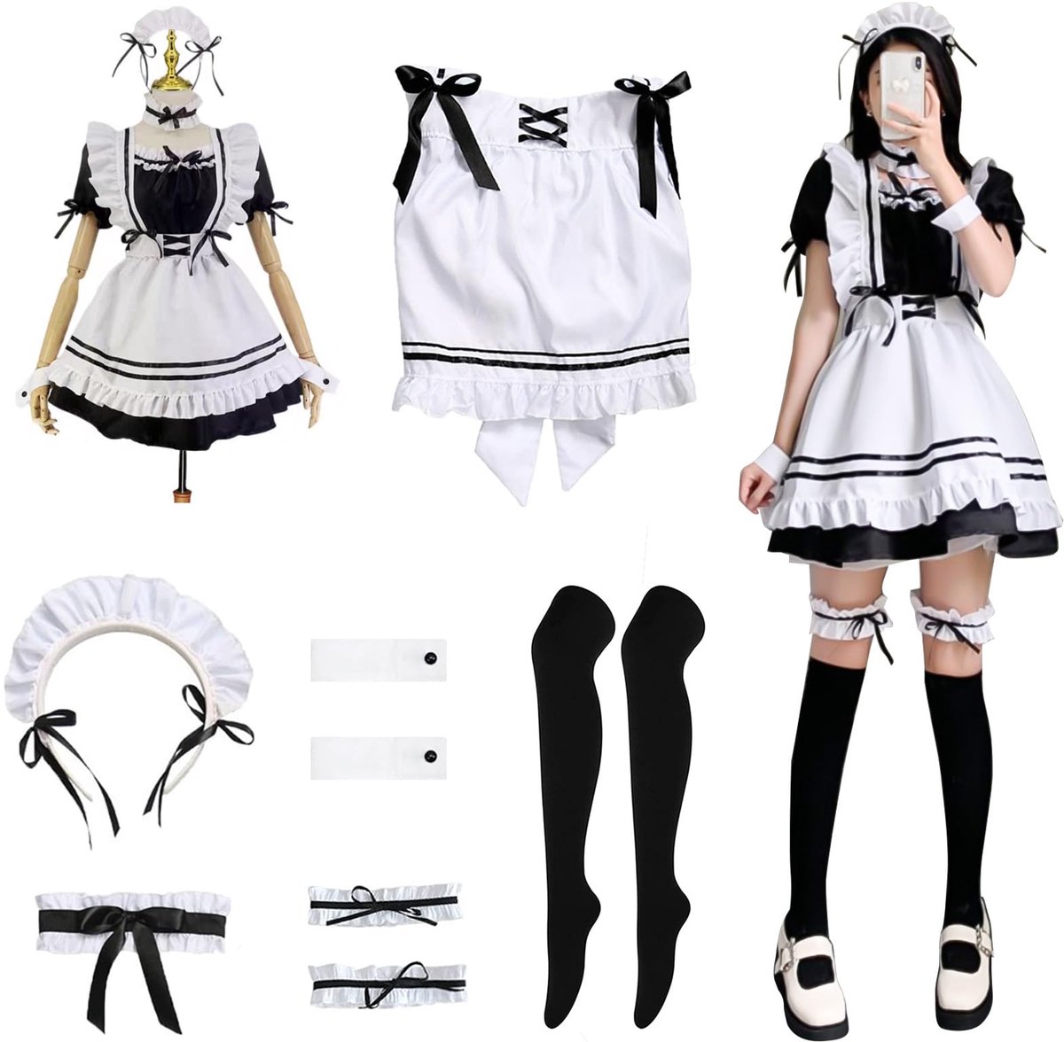 SnelShoppen - Meisjeskostuum, Anime Franse Dienstmeid Jurk, Halloween Kostuum Dames, Schattige Cosplay Jurk, Zwart, Maat L, Met Schort, Beenringen, Zw