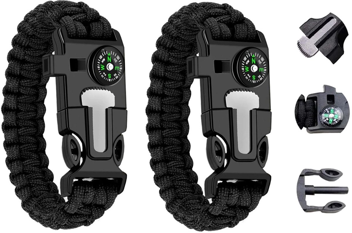 2 x Han-Bar® Overlevingsarmband - 5-in-1 - Armband - kompas - vuursteen - zwart