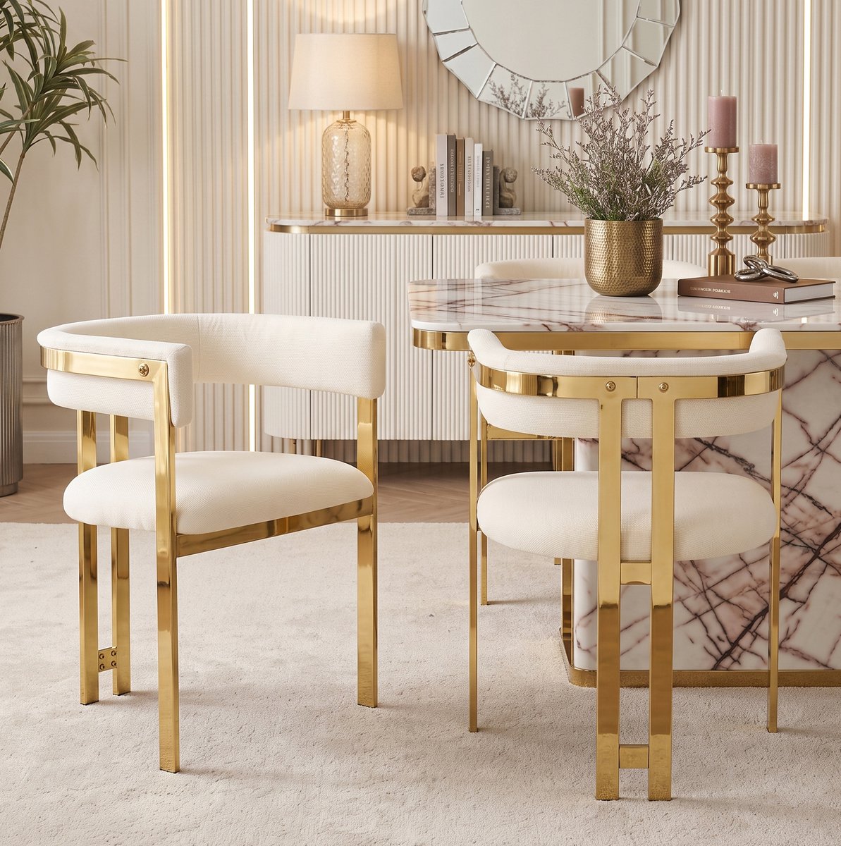 HAUSS SPOLE Eetkamerstoel - Set Van 2 - C-Vormige Halfronde Rugleuning En Gouden Metalen Poten - Voor Eetkamer En Woonkamer - Chenille Beige Goud