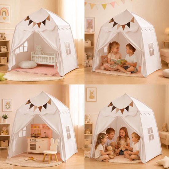 Opvouwbare tipi koepeltent, speelhuis voor kinderen, ideaal voor binnen en buiten, 150 x 100 x 150 cm, crème kleur — afbeelding 4