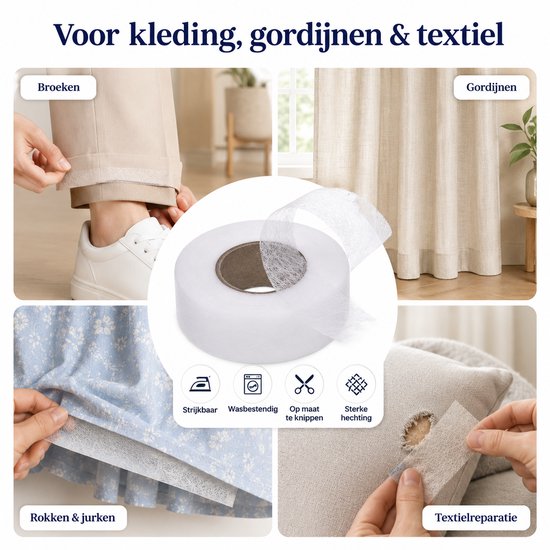 Collage van toepassingen voor witte strijkband: broeken inkorten, gordijnen, rokken en textielreparatie.