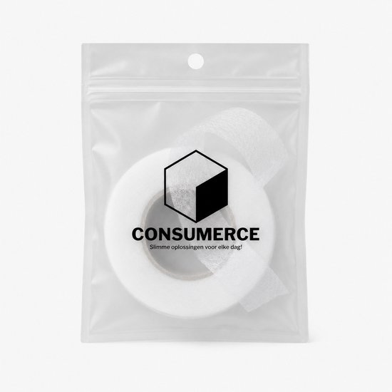 Witte strijkband op rol in plastic verpakking met Consumerce logo.