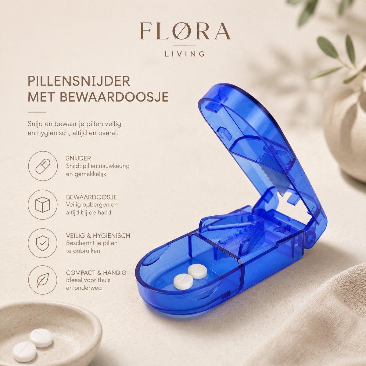 FLØRA Living Pillensnijder – Medicijnsnijder met Bewaardoosje – Nauwkeurig Tabletten Halveren – Pill Cutter – Compact & Veilig – Blauw