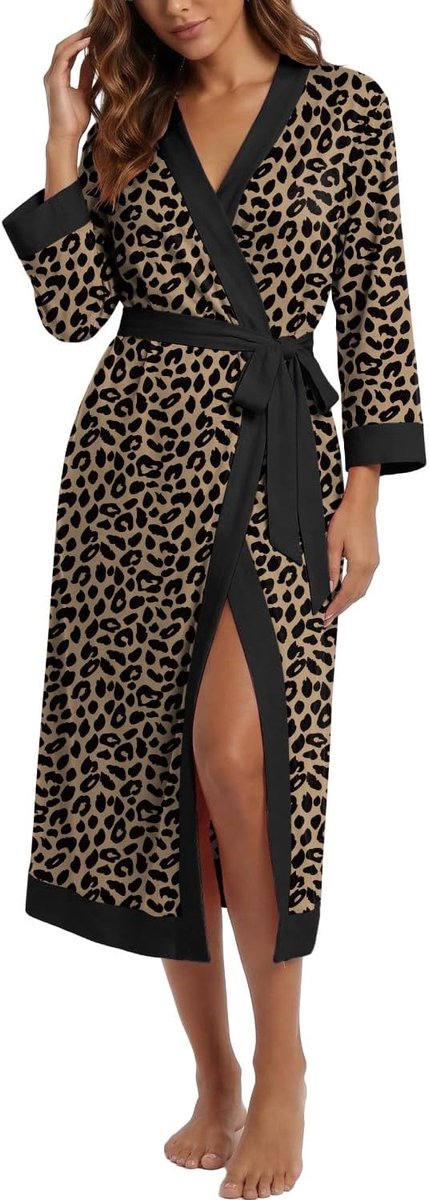 Badjas voor dames, lang, 3/4 mouwen, ochtendjas, lichte V-hals, kimono, nachtkleding met tailleband