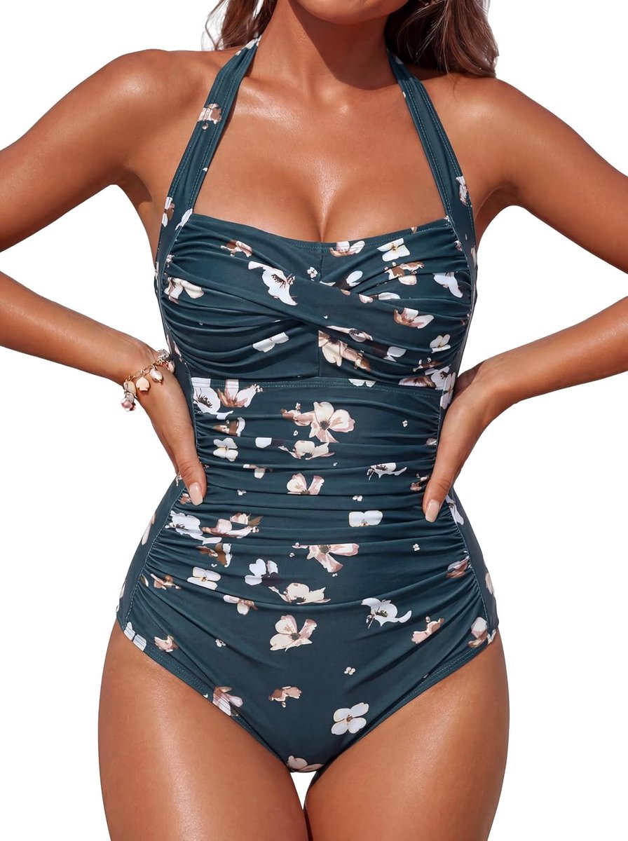Eendelig zwempak met buikcontrole, zwemkleding, zwemkostuum voor dames, full-body vintage halter-badpak, grote maat, gewatteerd badpak