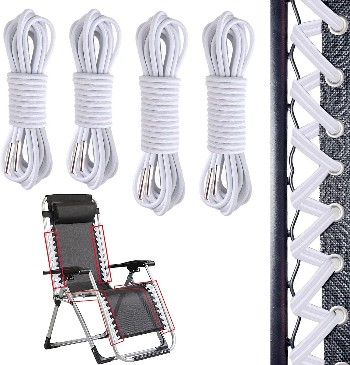 4 stuks elastisch reservetouw voor ligstoel, inklapbaar, kantelbaar, reservekoorden voor stoel, nul, zwaartekracht, reservetouw voor relaxstoel, ligstoel, wit (2,5 m + 1,4 m)