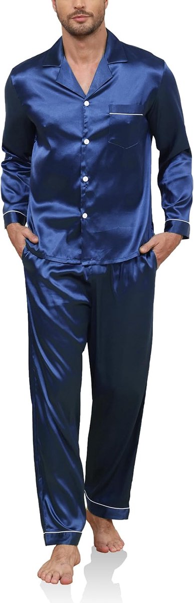 Pyjama heren lange satijnen pyjama set tweedelige lange mouwen mouwen knoopsluiting huispak en pyjamabroek zijden pyjama nachtkleding mannen huispak sleepwear loungewear