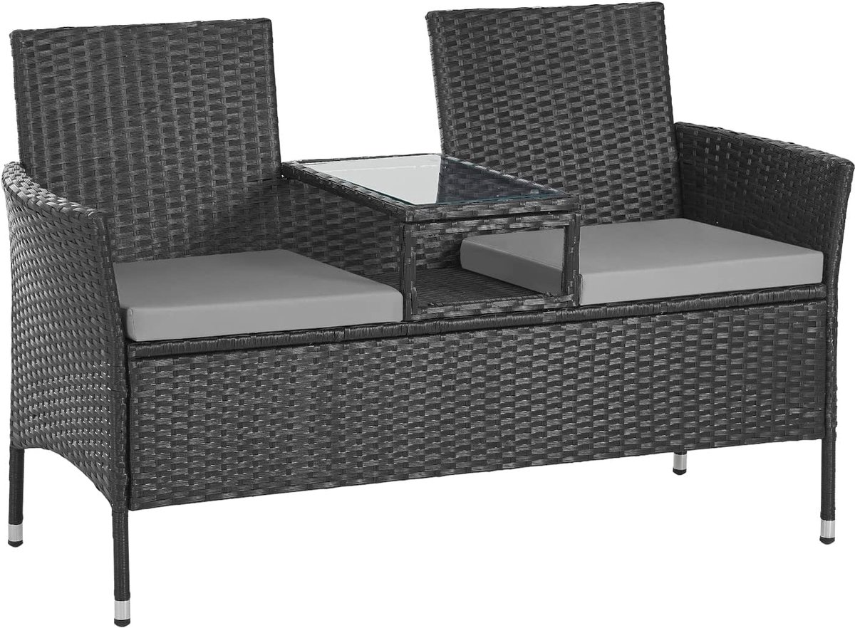 Chicago Polyrotan tuinbank, rotan bank, inclusief tafel, zitbank, geschikt voor balkon, tuinmeubel, parkbank, in grijs, zwart of bruin (zwart)
