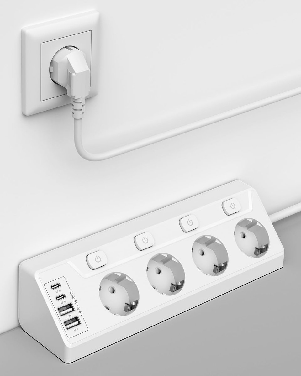 individueel schakelbaar, 4 stopcontacten met 4 USB (2x USB-C + 2x USB-A), overspanningsbeveiliging, aanraakbeveiliging, 2m kabel, 3680W voor keuken, kantoor en huis
