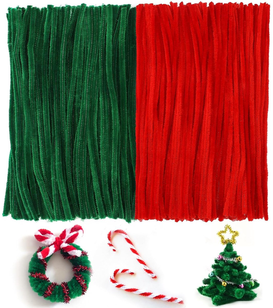 200 stuks rode en groene pijpenreinigers, 6 mm x 30 cm, chenilledraad, pijpenreiniger voor kinderen, doe-het-zelf handwerk en kerstdecoratie