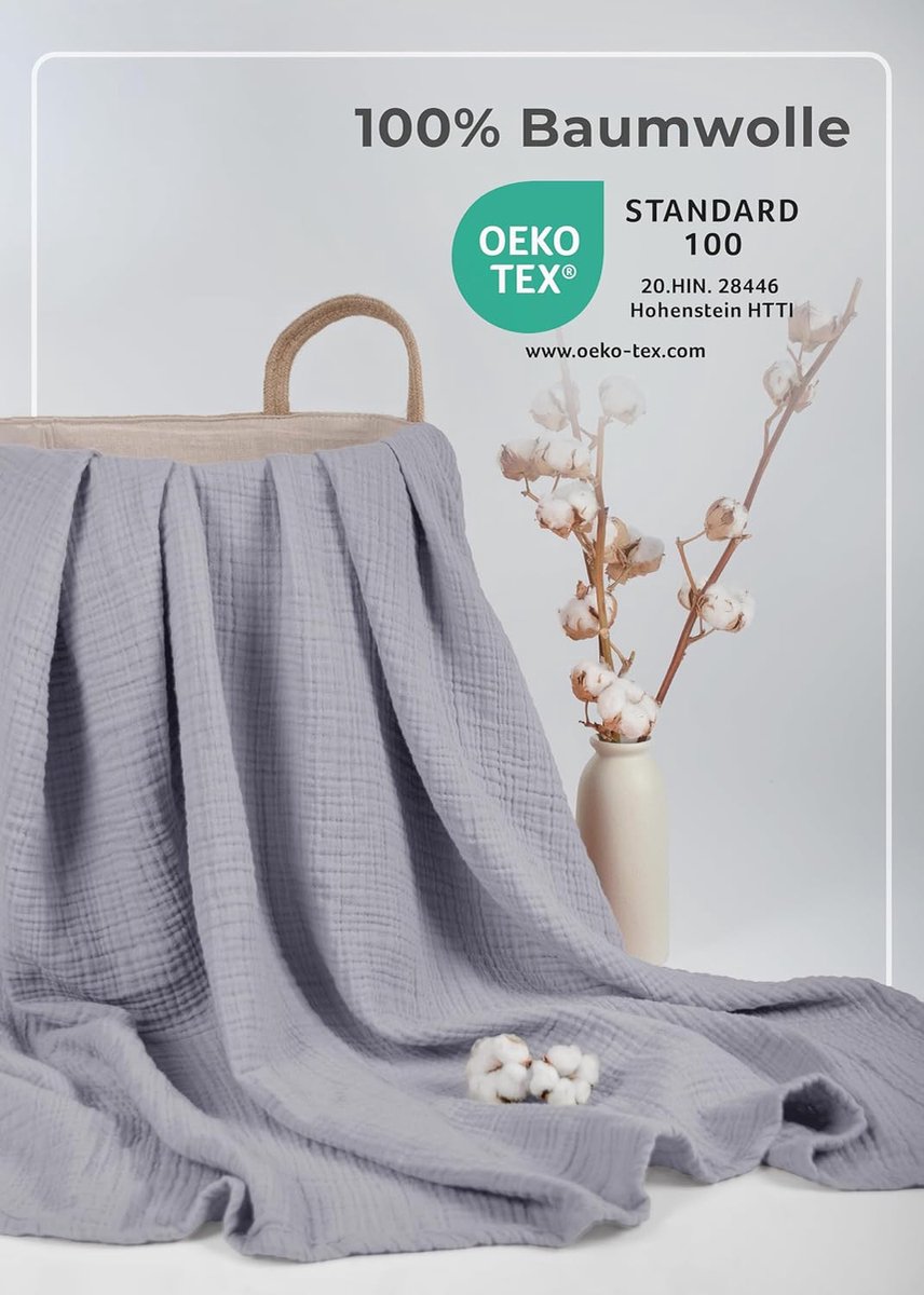 Mousseline Deken voor baby´s - 120x120cm - 4-laags deken 100% katoen - OEKO-TEX 100 - knusse deken of slaapdeken, wikkeldeken, keukendoek voor baby, pasgeborene en peuter (grijs)
