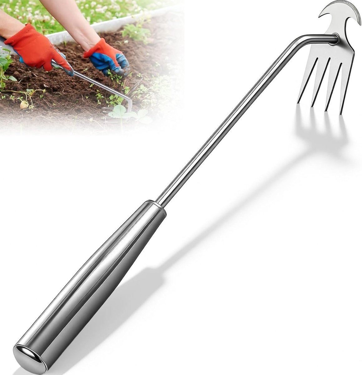 Multifunctionele onkruidverwijderaar met handvat, 30 cm met 4 klauwen voor het graven en verplanten van onkruid in de tuin
